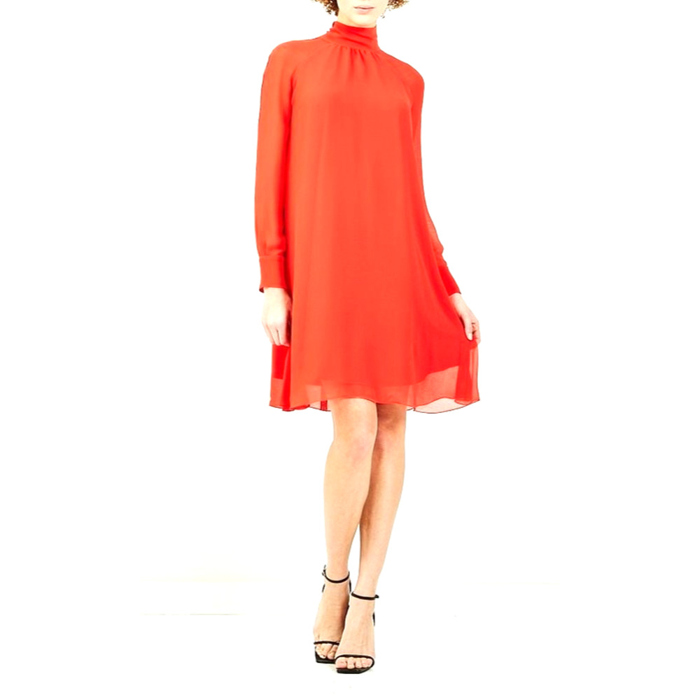 KENZO Red Flare A line Mini Dress Tunic Long Sleeve Neck Tie Crepe 34 XS